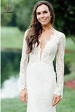Elegant Mermaid Wedding Dresses Backless Long Sleeve Lace Wedding Gown KPW0421