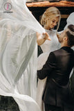 A Line Beaded Chiffon Cap Sleeves Boho Wedding Dresses, Beach Wedding Dress with Pearls KPW0422