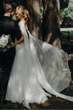 A Line Beaded Chiffon Cap Sleeves Boho Wedding Dresses, Beach Wedding Dress with Pearls KPW0422