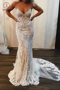 Spaghetti Strap Mermaid Wedding Dresses Lace Applique Bridal Dress with Long Train KPW0423