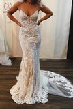 Spaghetti Strap Mermaid Wedding Dresses Lace Applique Bridal Dress with Long Train KPW0423