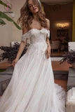 A-line Off Shoulder Beach Wedding Dress with Lace, Boho Wedding Dresses with Belt KPW0425