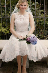 A Line Sleeveless Knee Length Lace Wedding Dress with Beading Waist KPW0426