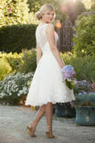 A Line Sleeveless Knee Length Lace Wedding Dress with Beading Waist KPW0426