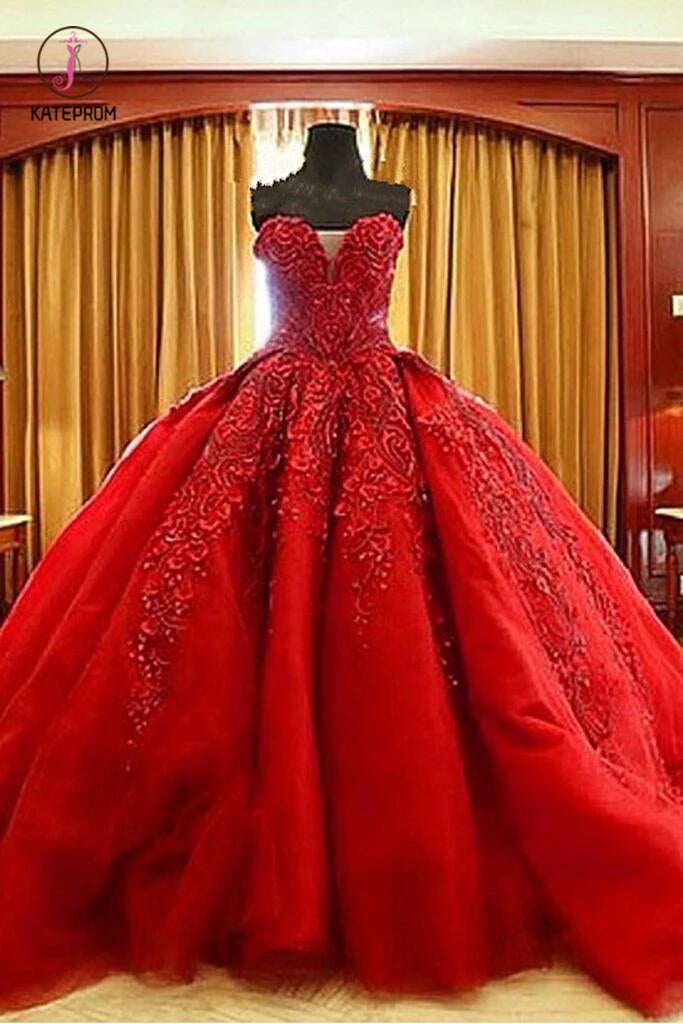 Ball Gown Red Sweetheart Tulle Prom Dresses with Appliques, Puffy Quin –  kateprom
