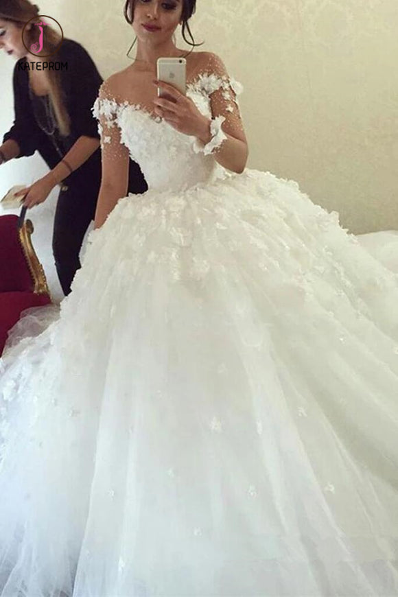 Ball Gown Sheer Neck Long Wedding Dress with Flowers, Long Sleeves Puffy Bridal Dress KPW0428