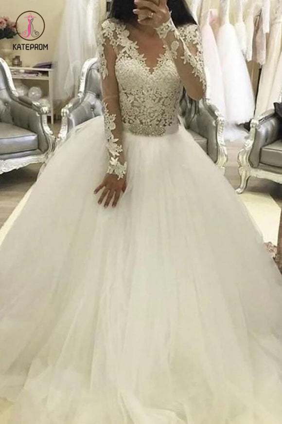 Ball Gown Long Sleeves V Neck Tulle Wedding Dress, Princess Long Bridal Dress with Lace KPW0429