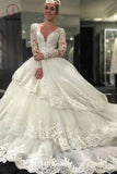 Ivory Deep V-Neck Long Sleeves Lace Appliques Chapel Train Tiered Wedding Dress KPW0431