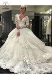Ivory Deep V-Neck Long Sleeves Lace Appliques Chapel Train Tiered Wedding Dress KPW0431