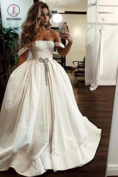 Puffy Off the Shoulder Satin Long Wedding Dresses with Pockets, Simple Bridal Dress KPW0436