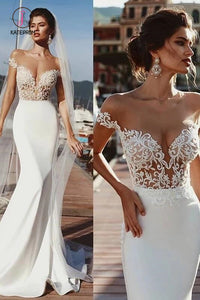 Mermaid Short Sleeves Sheer Neck Long Wedding Dress, Long Lace Appliques Bridal Dress KPW0438