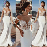 Mermaid Short Sleeves Sheer Neck Long Wedding Dress, Long Lace Appliques Bridal Dress KPW0438