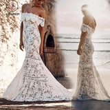 Charming Off the Shoulder Lace Bridal Dress, Boho Wedding Dress, Beach Wedding Dress KPW0439