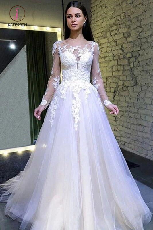 Puffy Long Sleeves Tulle Wedding Dress, Long Bridal Dress with Lace Appliques KPW0440