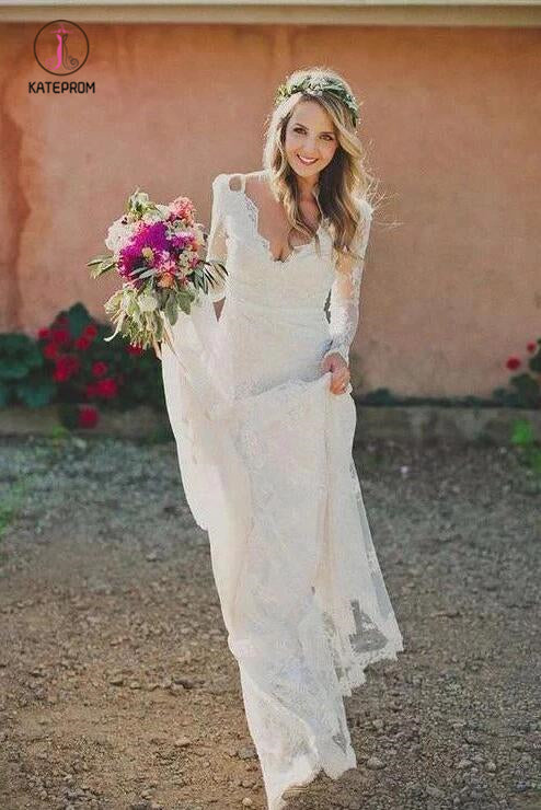 Ivory Long Sleeve Lace Wedding Dresses V Neck Vintage Beach Wedding Dresses KPW0441