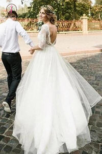 Puffy Half Sleeves Backless Wedding Dresses, Floor Length Long Beach Wedding Dress KPW0442