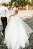 Puffy Half Sleeves Backless Wedding Dresses, Floor Length Long Beach Wedding Dress KPW0442