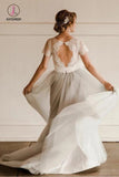 A Line Short Sleeve Lace and Tulle Silver Country Wedding Dresses with Sash KPW0444