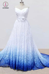 White Sweetheart Lace Wedding Dress, Ombre Wedding Dresses with Flowers KPW0446