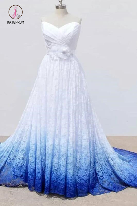 White Sweetheart Lace Wedding Dress, Ombre Wedding Dresses with Flower kateprom White Sweetheart Lace Wedding Dress, Ombre Wedding Dresses with Flower kateprom