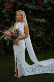 Sheath Boho Lace Bridal Gown with Slit Mermaid Wedding Dresses with Long Train KPW0448