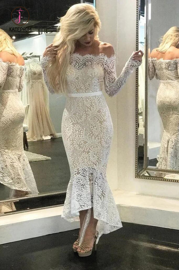 High Low Long Sleeves Mermaid Lace Wedding Dress, Off the Shoulder Lace Bridal Dress KPW0449