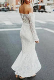 High Low Long Sleeves Mermaid Lace Wedding Dress, Off the Shoulder Lace Bridal Dress KPW0449