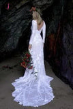 Ivory Long Sleeve Rustic Bridal Dresses Backless Sheath Beach Wedding Dress KPW0451