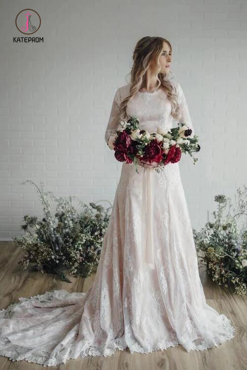 A Line Long Sleeve Lace Wedding Dresses Plus Size Vintage Rustic Wedding Dress KPW0453