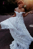 White Off the Shoulder Lace Beach Wedding Dresses Rustic Boho Wedding Dress KPW0454