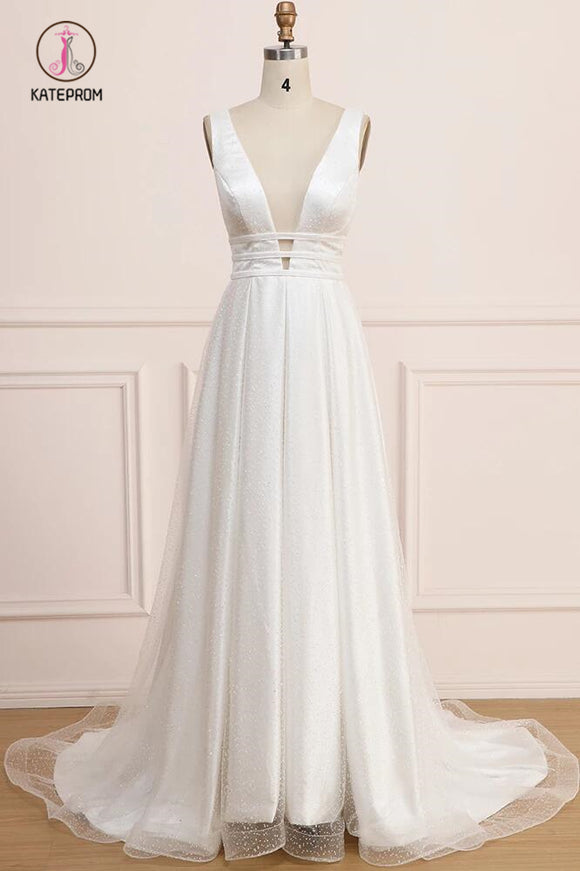 Deep V Neck Sleeveless Bridal Dress, Backless Long A Line Wedding Dresses KPW0460