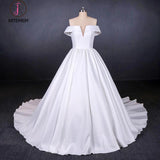 Puffy Off the Shoulder Satin Wedding Dress, Ball Gown Long Bridal Dress with Long Train KPW0466