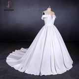 Puffy Off the Shoulder Satin Wedding Dress, Ball Gown Long Bridal Dress with Long Train KPW0466