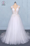Sexy V Neck Tulle Wedding Dress with Lace Appliques, A Line Backless Bridal Dress KPW0467