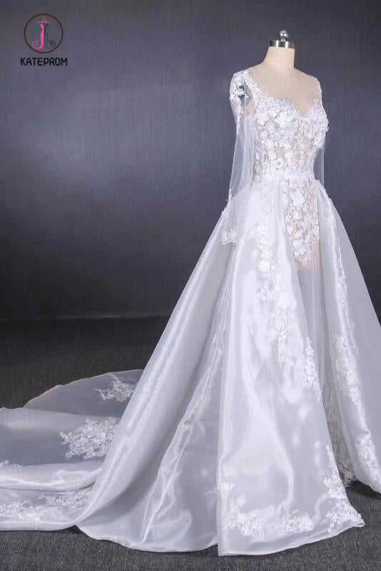 Gorgeous Long Sleeves Sweetheart Wedding Dress, Whit Bridal Dresses with Applique KPW0471