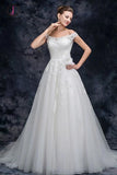 A Line Off the Shoulder Tulle Wedding Dress with Lace Appliques, Long Bridal Dresses KPW0472
