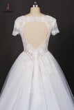 Puffy Short Sleeves Tulle Bridal Dress with Lace Appliques, Long Train Wedding Dress KPW0473