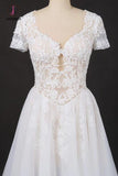 Puffy Short Sleeves Tulle Bridal Dress with Lace Appliques, Long Train Wedding Dress KPW0473