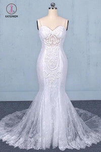 Spaghetti Straps Mermaid Bridal Dress with Appliques, Lace Beach Wedding Dresses KPW0474