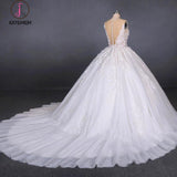 Ball Gown Sheer Neck Sleeveless White Wedding Dresses, Lace Appliqued Bridal Dress KPW0476