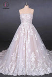 Puffy Strapless Tulle Wedding Dress with Lace Appliques, Long Train Lace Up Bridal Dress KPW0478