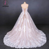 Puffy Strapless Tulle Wedding Dress with Lace Appliques, Long Train Lace Up Bridal Dress KPW0478