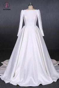 Cheap Long Sleeves Satin White Wedding Dress, Simple Backless Bridal Dresses KPW0479