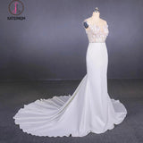 Sheer Neck Mermaid Long Wedding Dress with Appliques, Long Bridal Dresses KPW0482