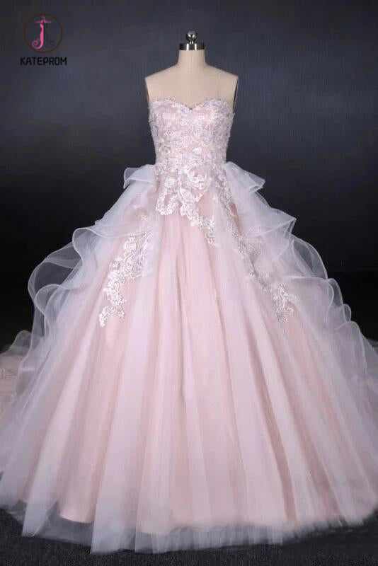 Ball Gown Sweetheart Tulle Wedding Dress with Lace Appliques, Puffy Bridal Dresses KPW0484