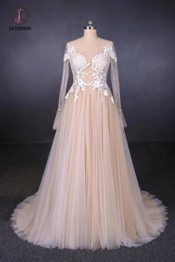 Sexy Sheer Neck Long Sleeves Tulle Wedding Dress, Charming Tulle Bridal Dress with Lace KPW0485