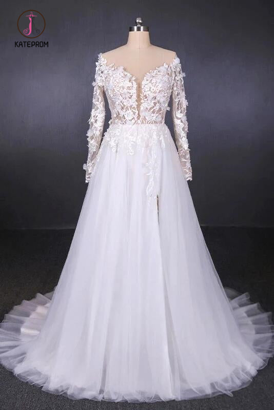 White A Line Tulle Long Sleeves Wedding Gown, Cheap Bridal Dress with Lace Appliques KPW0486