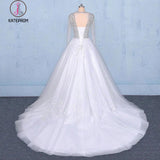 Puffy Long Sleeves Tulle White Wedding Dress, Shiny Long Bridal Dresses KPW0487