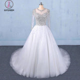 Puffy Long Sleeves Tulle White Wedding Dress, Shiny Long Bridal Dresses KPW0487