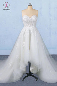 Off White Sweetheart High Low Tulle Appliques Wedding Dresses with Train KPW0488